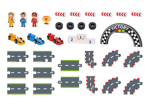 Portable Expandable Racing Game Box with Race Track, Award Podium and Simulated Racing Toys.